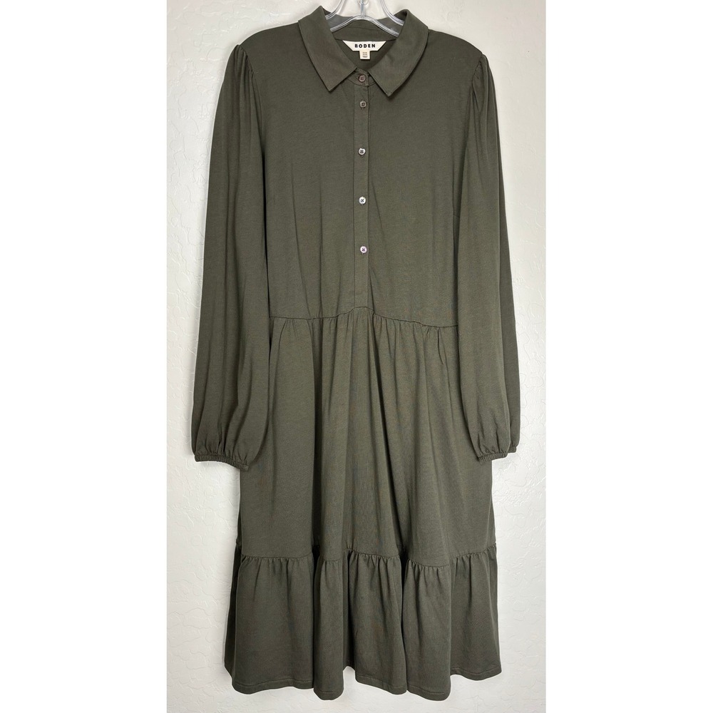 Boden Olive Green Cotton Modal Tiered‎ Shirt Dress Long Sleeve Pockets 14L 2375